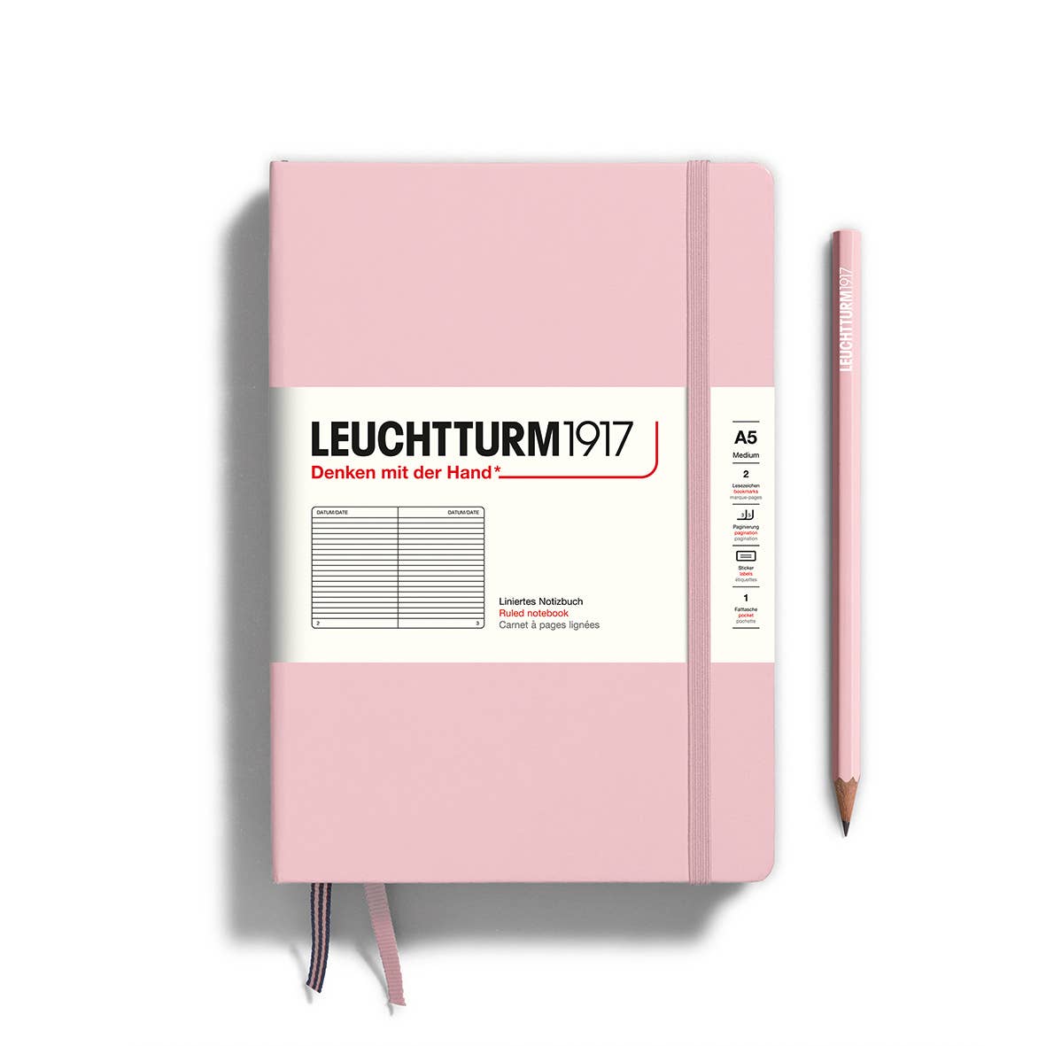 Pink notebook with Leuchtturm1917 branding on a white background