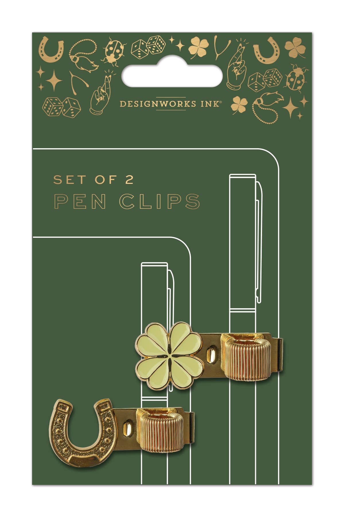 Set of 2 pen clips with horseshoe and clover design on green packaging