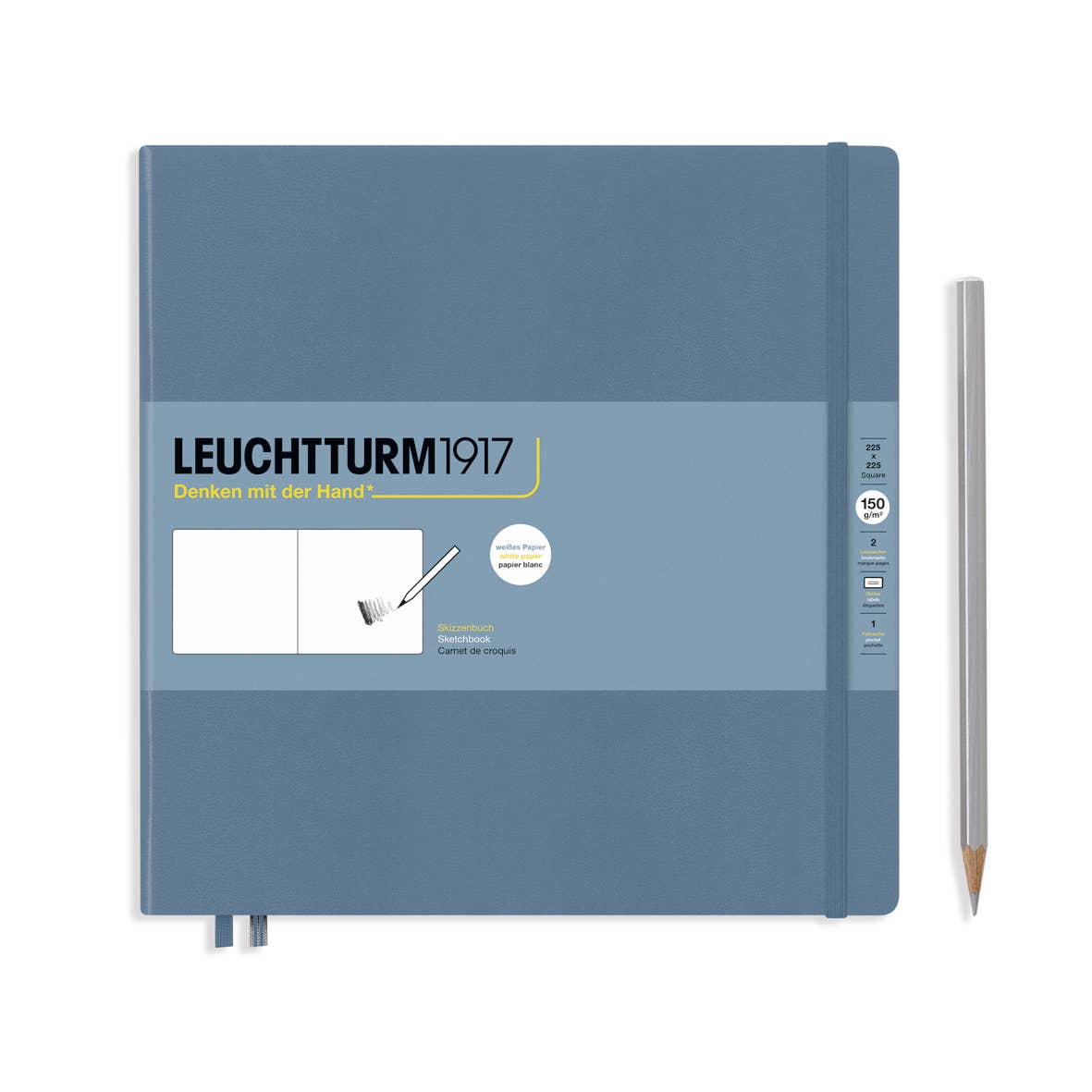 Blue notebook with Leuchtturm1917 branding and a pencil on a white background