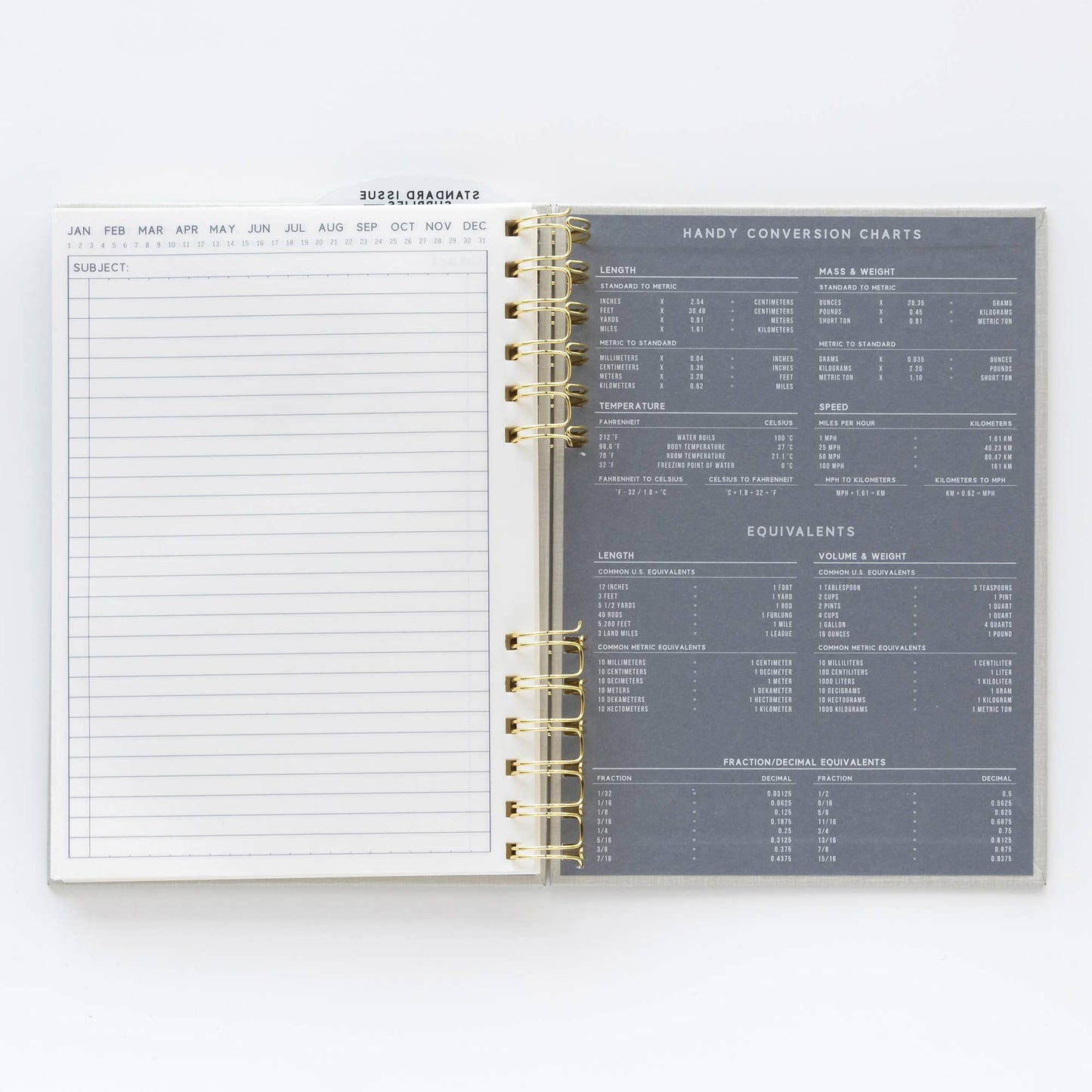 Open planner showing a calendar on one page and conversion charts on the other, on a white background.