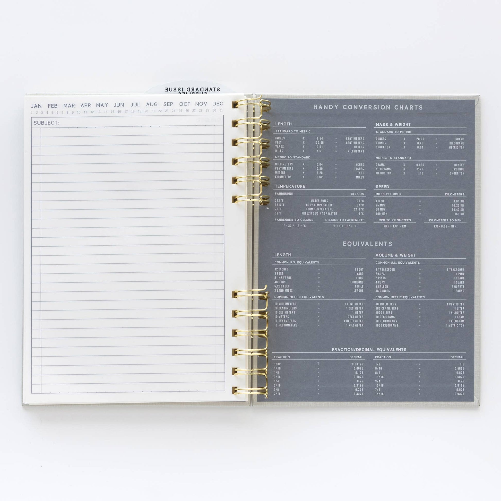 Open planner showing a calendar on one page and conversion charts on the other, on a white background.