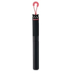 Black umbrella with a red handle on a white background