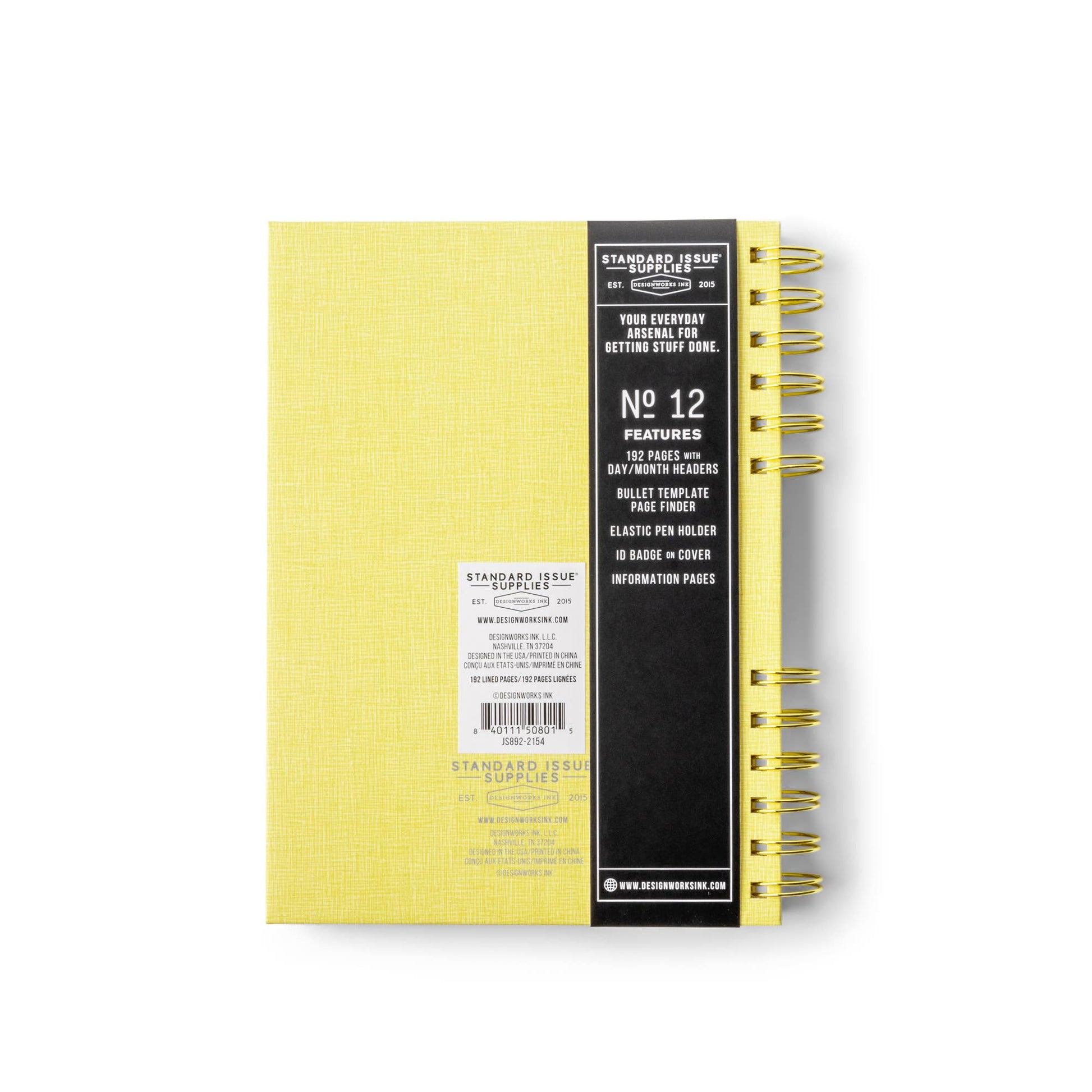 Yellow notebook with black spine on a white background