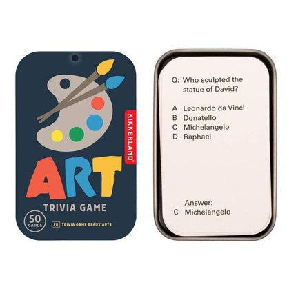 Art trivia game packaging with question and answer card on a white background