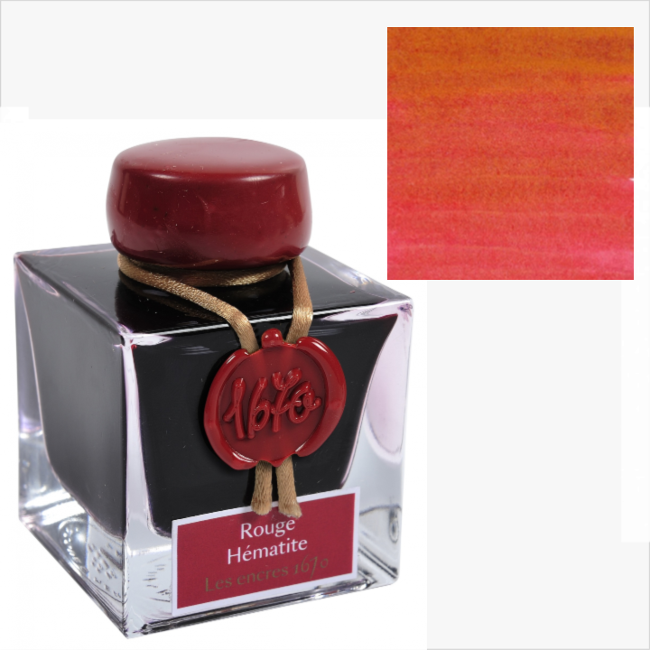 Ink bottle with red cap and label, featuring a color swatch of red ink.
