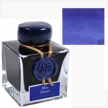 Ink bottle labeled 'Bleu Ocean' with a close-up of the blue color swatch on a white background.