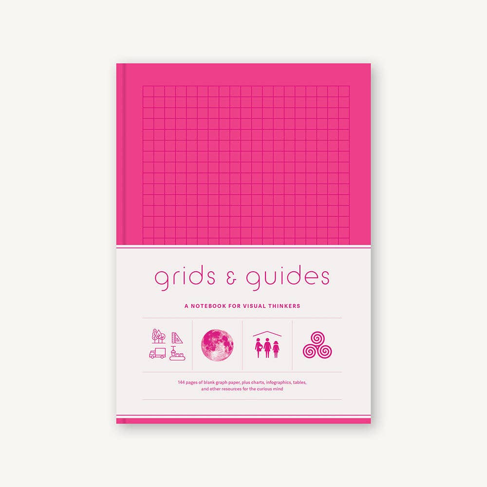 Pink notebook with grid design on a white background