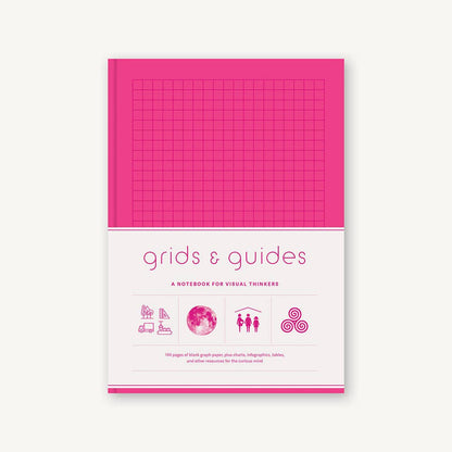 Pink notebook with grid design on a white background