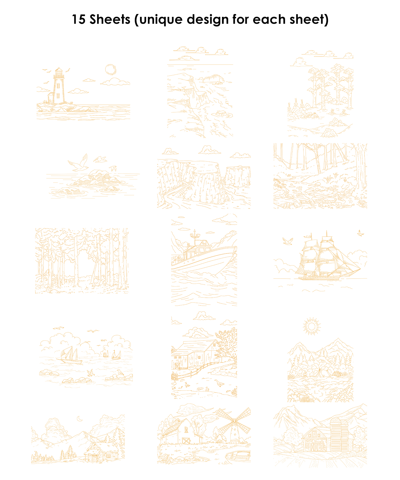 Pattern of abstract shapes on a white background with text indicating '15 Sheets (unique design for each sheet)'.
