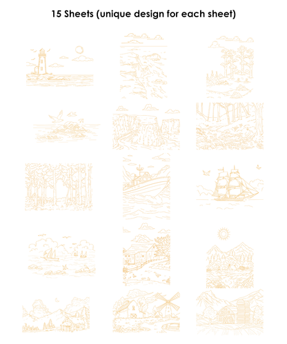 Pattern of abstract shapes on a white background with text indicating '15 Sheets (unique design for each sheet)'.