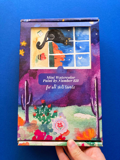 Black Cat Night Winter Watercolor Paint by Number DIY Kit