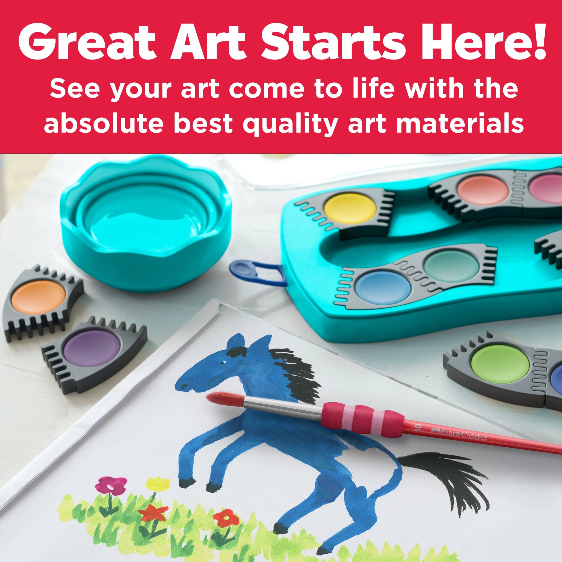 Art supplies including a paint palette, paintbrush, and drawing of a horse on a white surface with a red banner above.