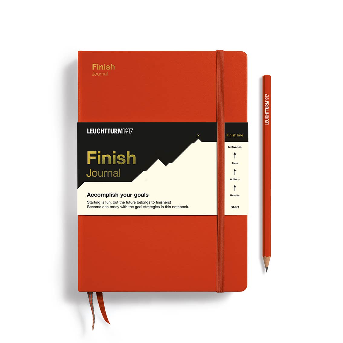 Red notebook with a pen on a white background