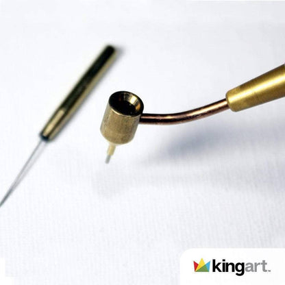 Gold-colored tool with a needle on a white background, branded 'kingart'.