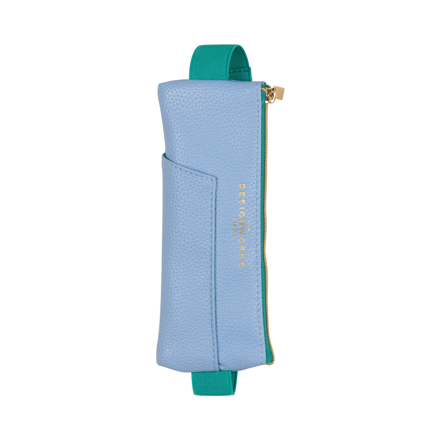Light blue and green pouch with a gold zipper on a white background