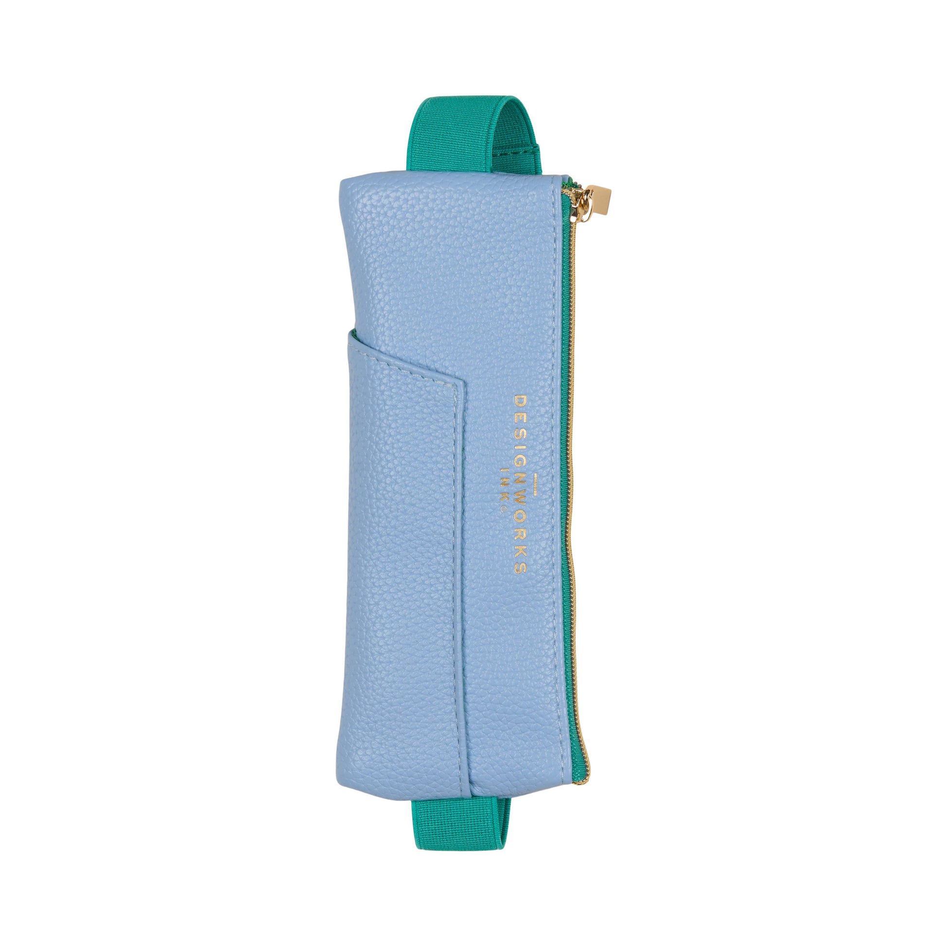 Light blue and green pouch with a gold zipper on a white background