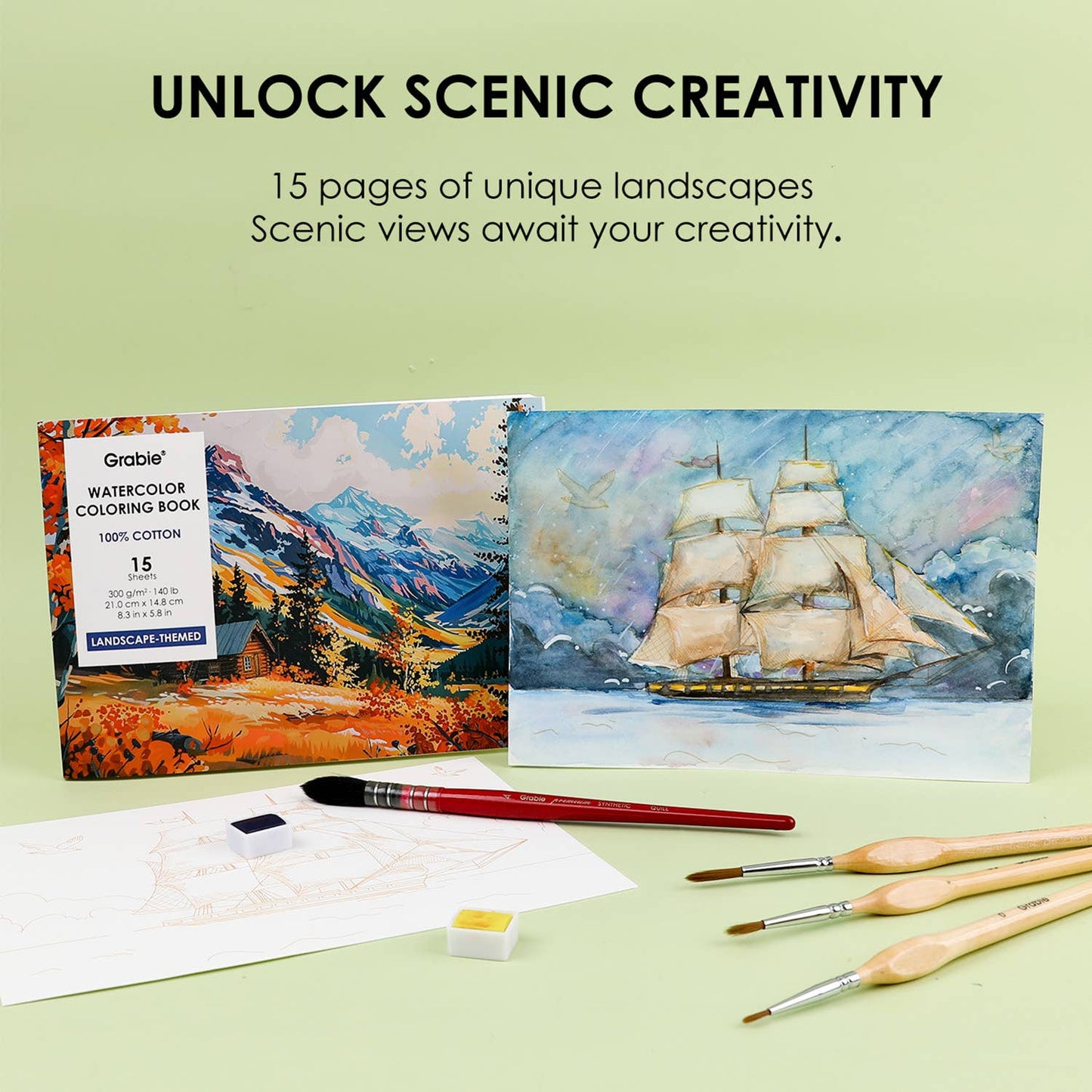Coloring book with scenic illustrations and art supplies on a light green background