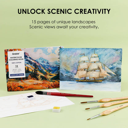 Coloring book with scenic illustrations and art supplies on a light green background