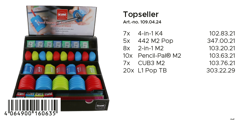 Display box of stationery items with colorful packaging and product listings.