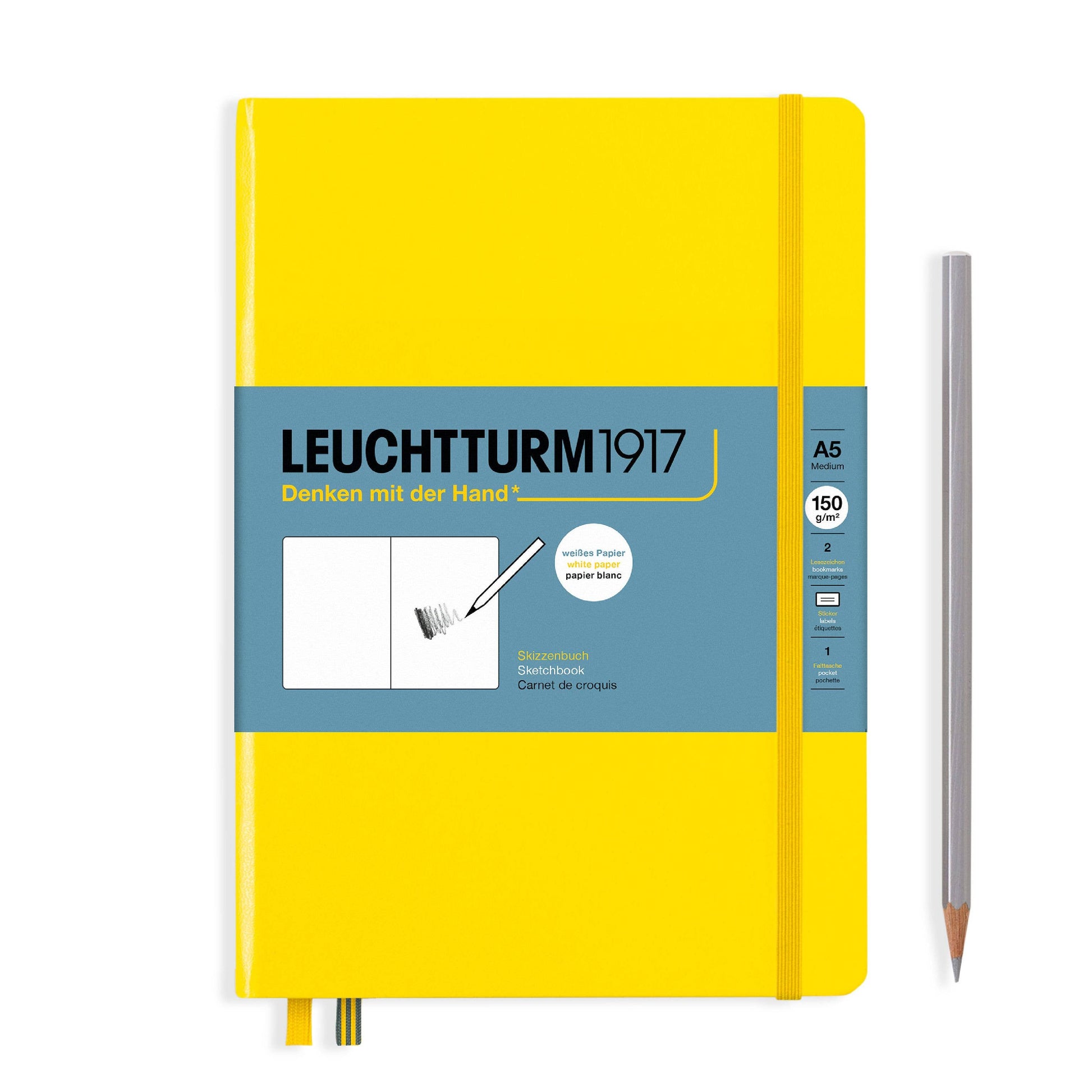 Yellow notebook with blue label featuring 'Leuchtturm1917' on a white background