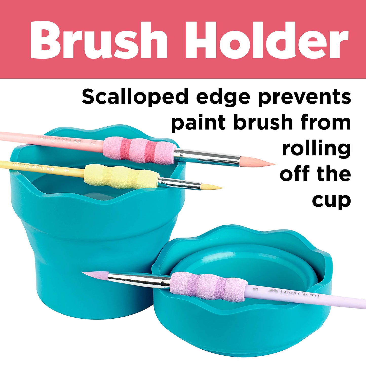 Turquoise brush holder with paint brushes on a white background