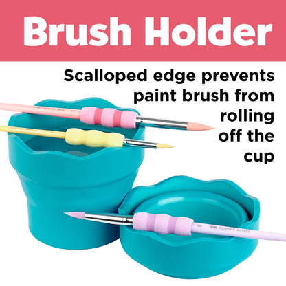 Turquoise brush holder with paint brushes on a white background