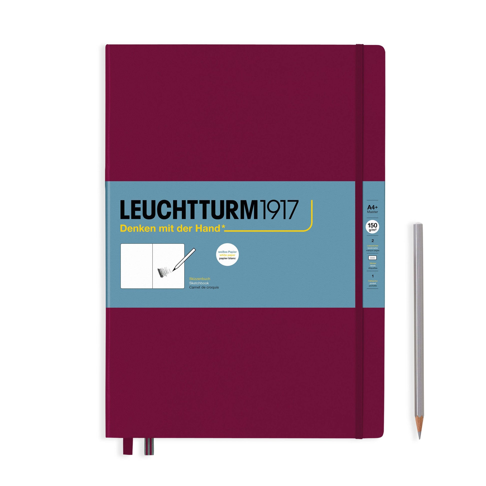 Maroon notebook with blue band featuring 'Leuchtturm1917' branding on a white background.