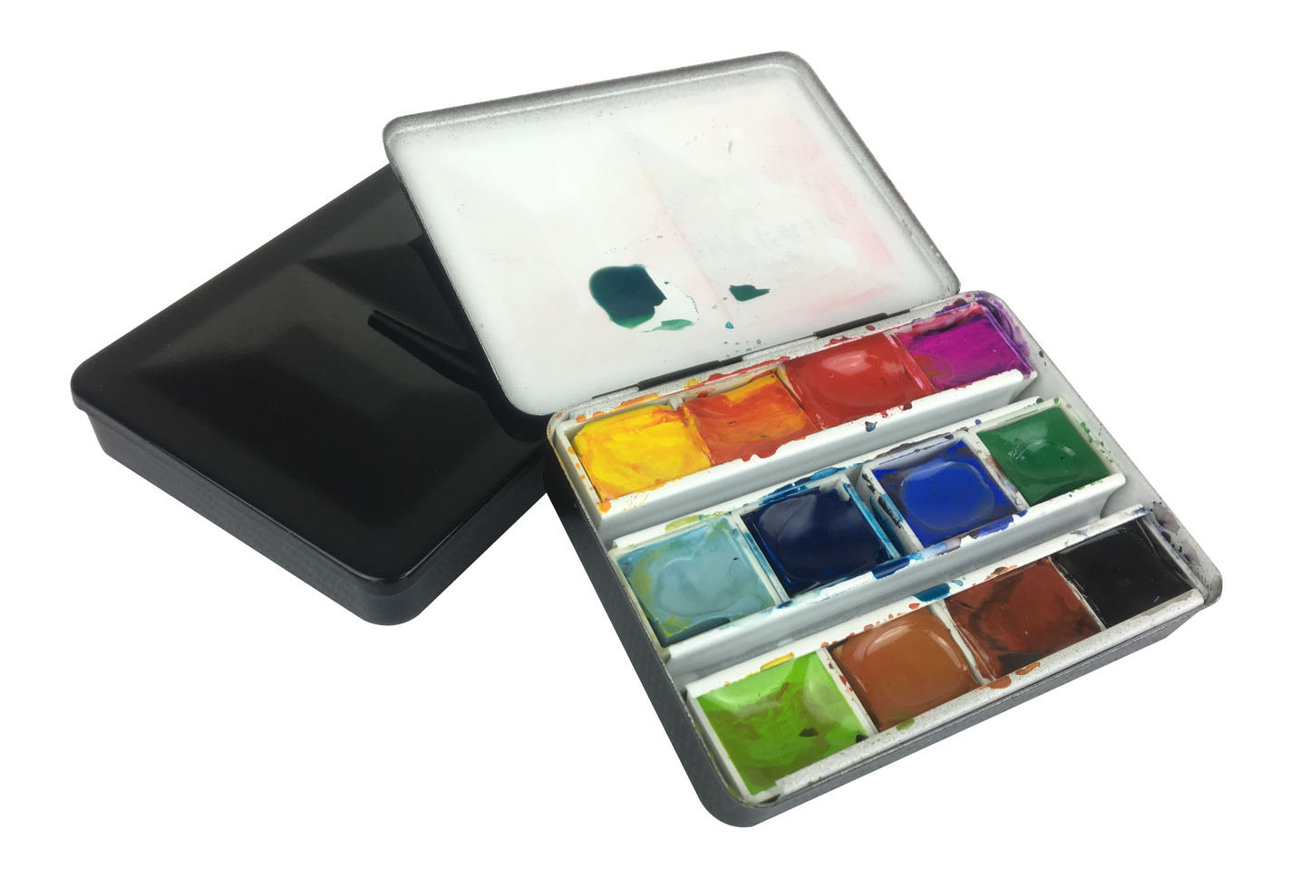 Set of watercolor paints in a metal case on a white background