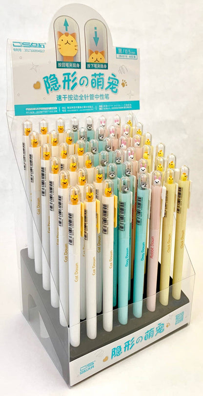Display of colorful gel pens with cartoon character design on a white background