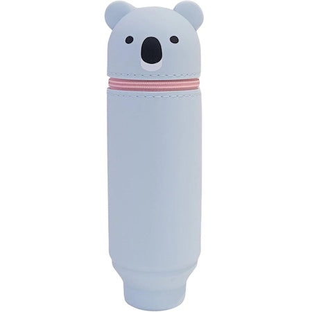 Light blue pen holder shaped like a bear with a pink band on a white background