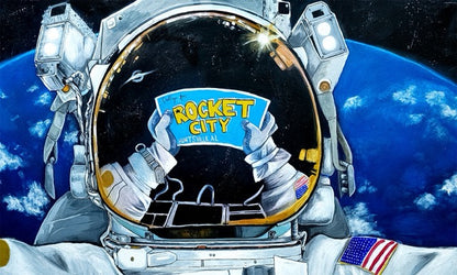 Illustration of an astronaut in space with 'Rocket City' logo on visor