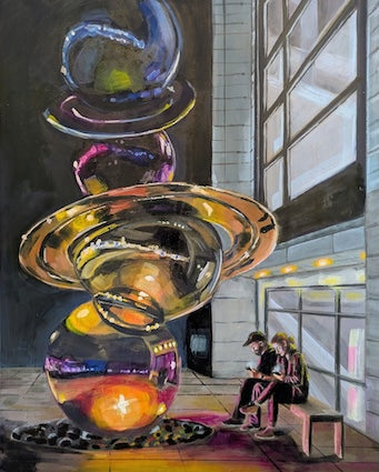 Abstract art of stacked glass bowls with a person sitting on a bench in the background.
