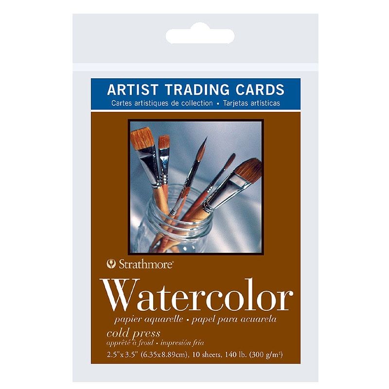 Strathmore watercolor artist trading cards packaging with brushes in a jar on a white background